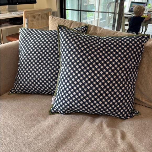Pottery Barn Navy Gingham Throw Pillows with Green Trim – Set of 2 (18x18) - Picture 3 of 10